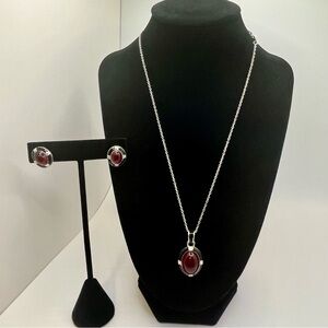Avon Red Cabochon Necklace & Earring Set – New in Box, Silver-Tone Gift Set